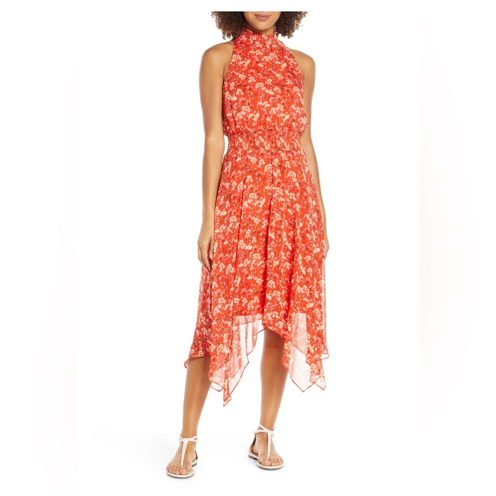 NWOT Sam Edelman coral floral smocked handkerchief hem midi dress size 8